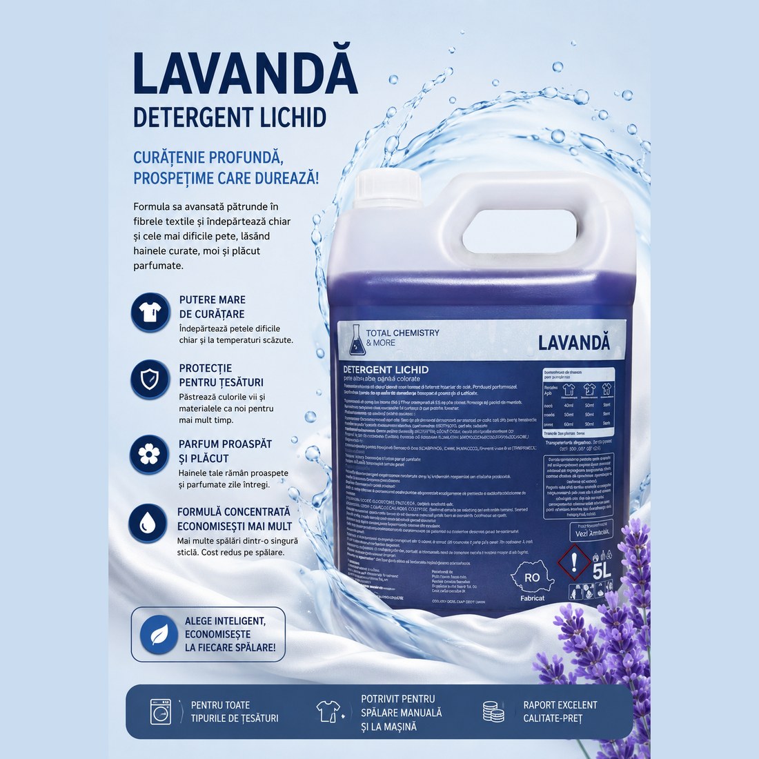 PACHET XXXL DETERGENT LICHID PREMIUM 3×5L - Lavandă + Pădure Alpină + Glamour - imagine 6