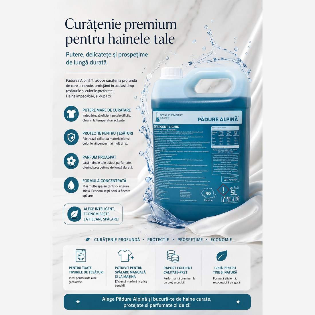 PACHET XXXL DETERGENT LICHID PREMIUM 3×5L - Lavandă + Pădure Alpină + Glamour - imagine 5